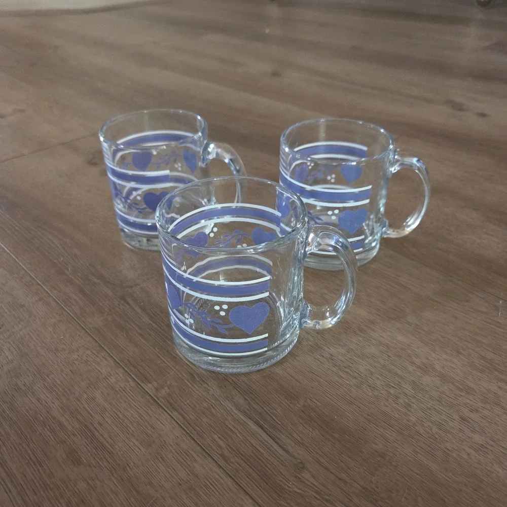 Vintage French Glass‎ Heart Mugs Set of 3 Blue White Stripe Clear